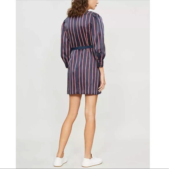 Sandro Deep Navy Blue Striped Respect Satin Dress - Picture 4 of 12
